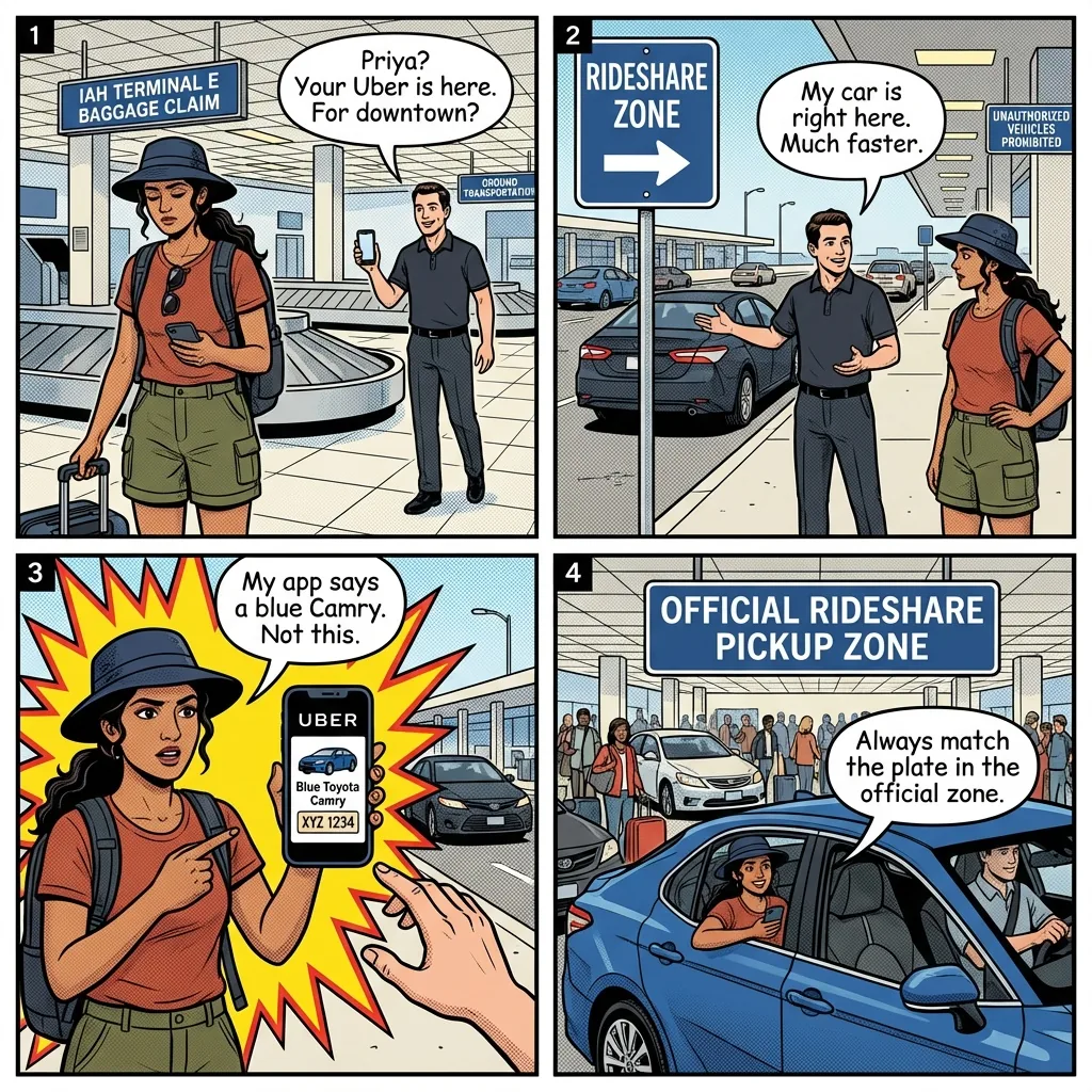 IAH & Hobby Airport Rideshare & Fake-Driver Scam — comic illustration