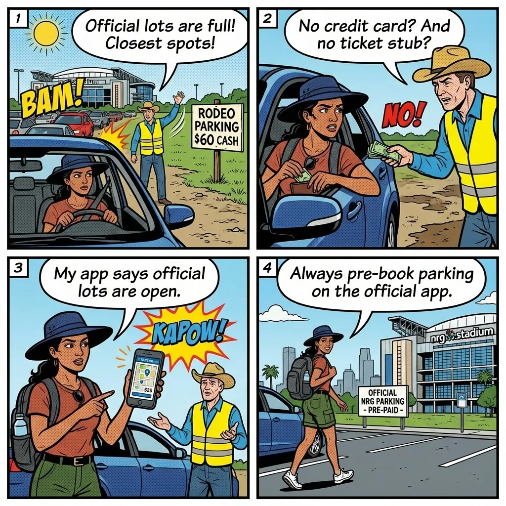 Rodeo Houston & NRG Stadium Event Parking Scam — comic illustration