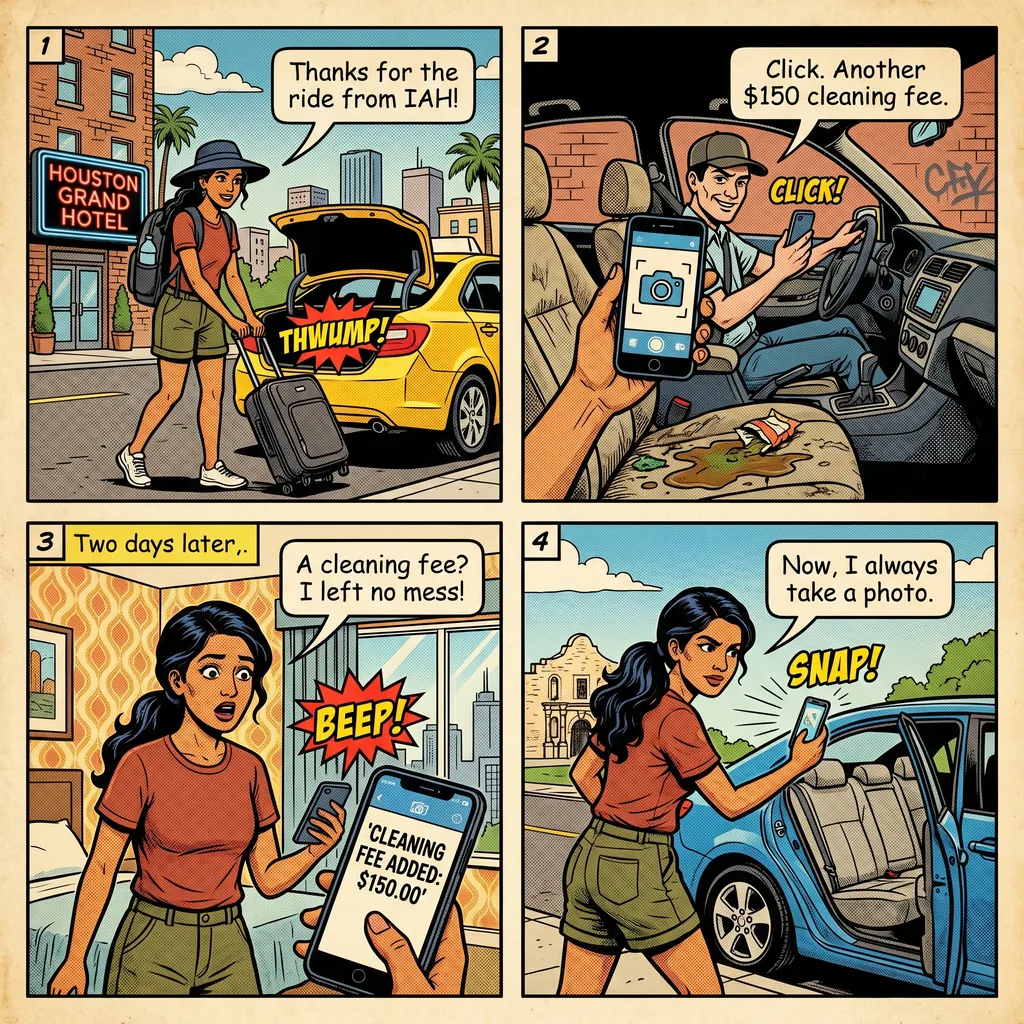 Post-Ride Uber & Lyft 'Vomit Scam' Fake Cleaning-Fee Charge — comic illustration