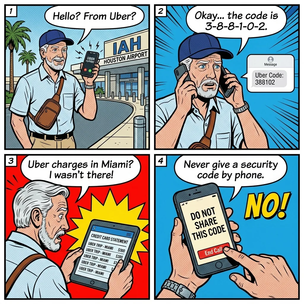 Fake 'Uber Support' Verification-Code Account Takeover — comic illustration