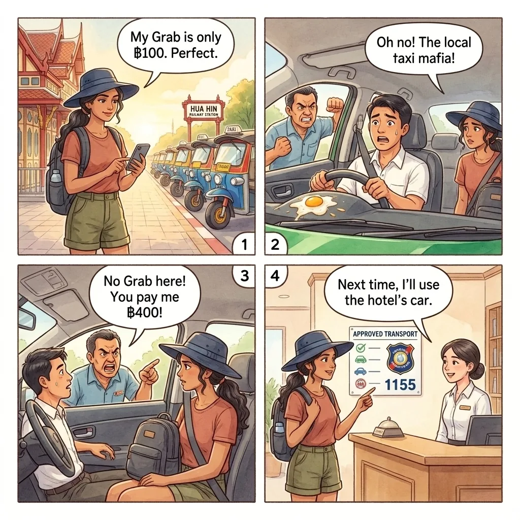Hua Hin Taxi Mafia Threats & Grab Attacks — comic illustration