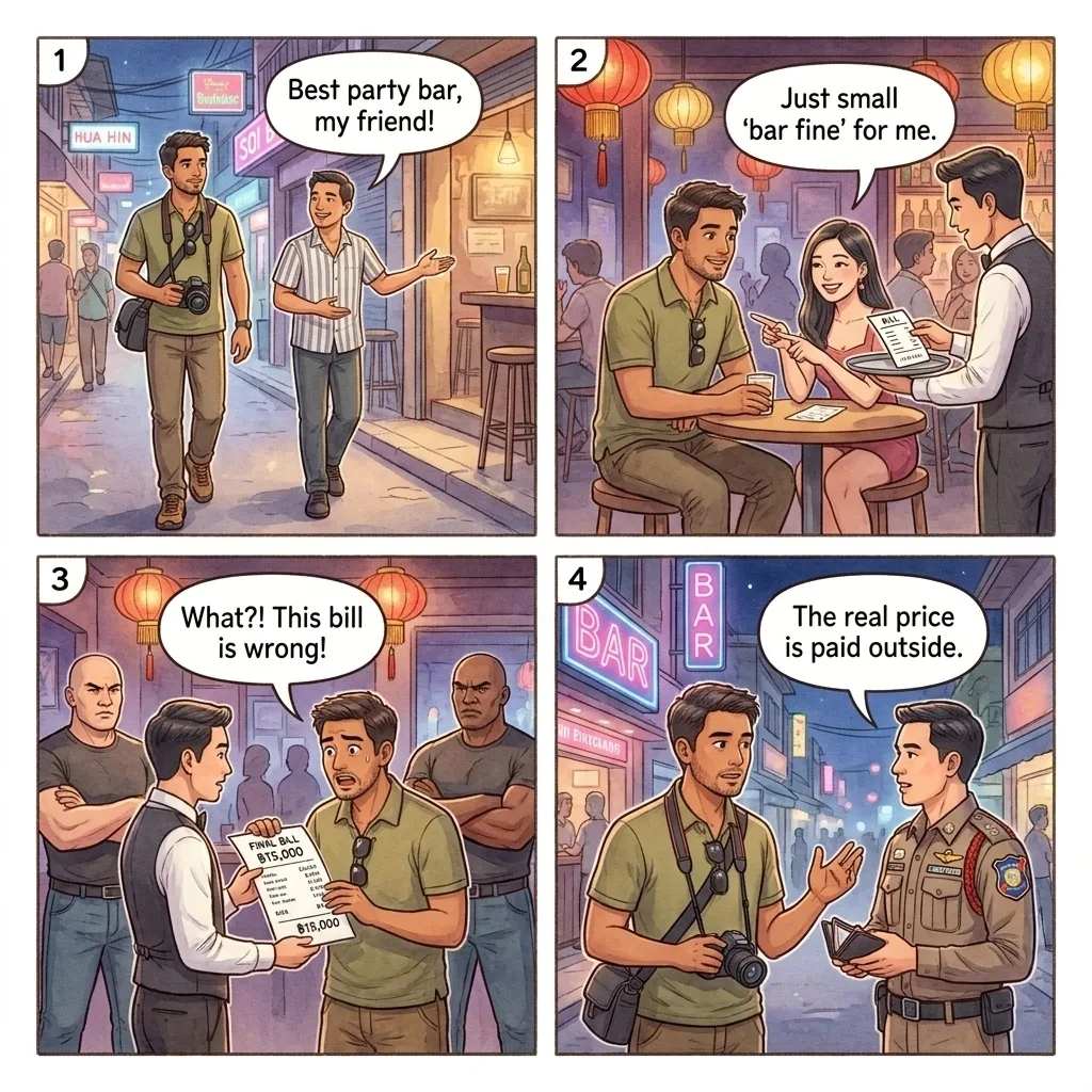 Hua Hin Strip Club / Brothel Bill Extortion — comic illustration