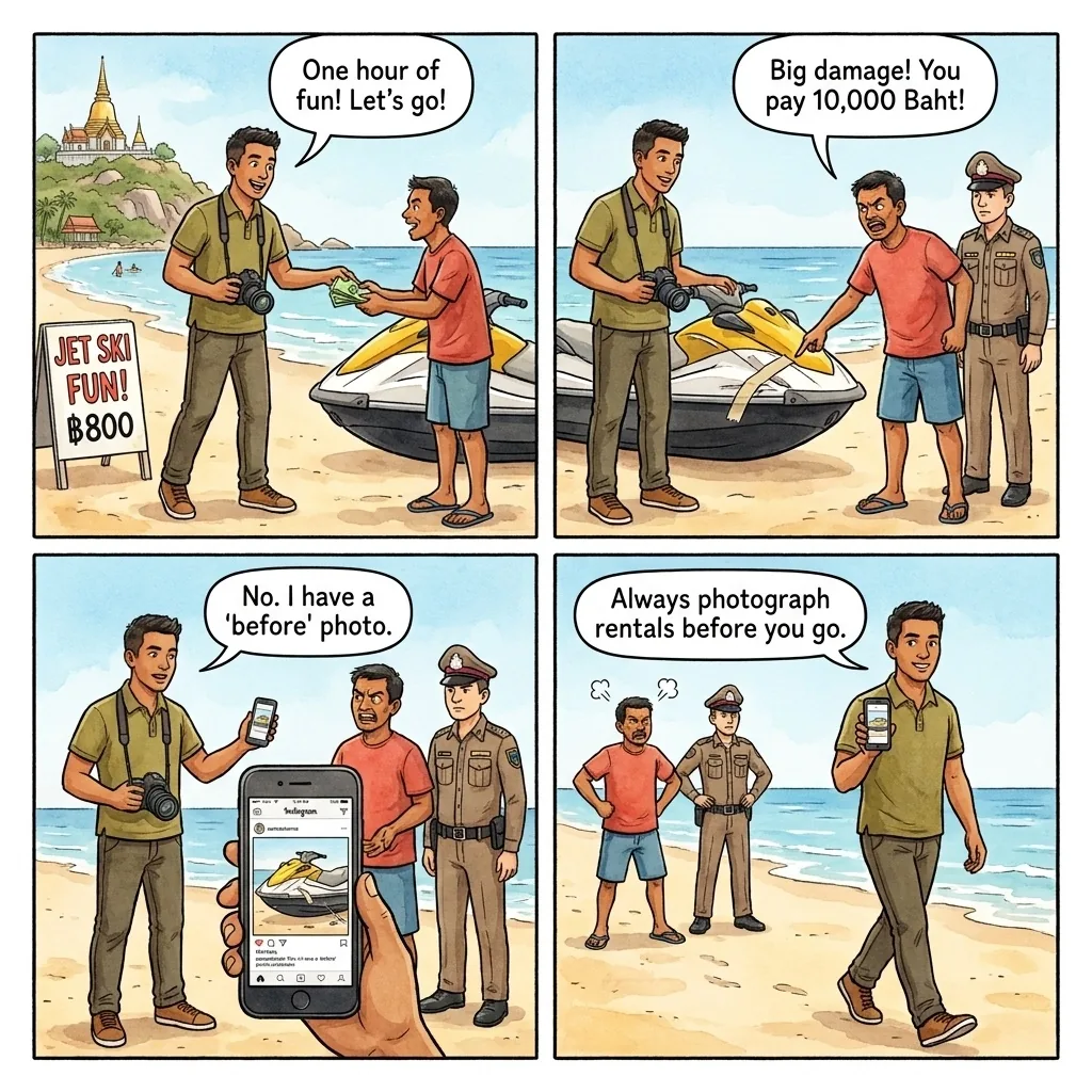 Beach Jet Ski & Watersports Damage Shakedown — comic illustration