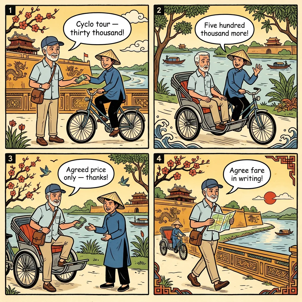 Hue Cyclo Tourist Price & Mid-Ride Extortion — comic illustration