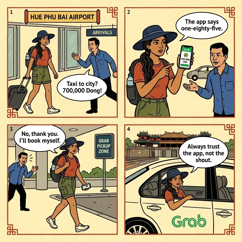 Hue Grab & Taxi 700,000 VND Airport Overcharge — comic illustration