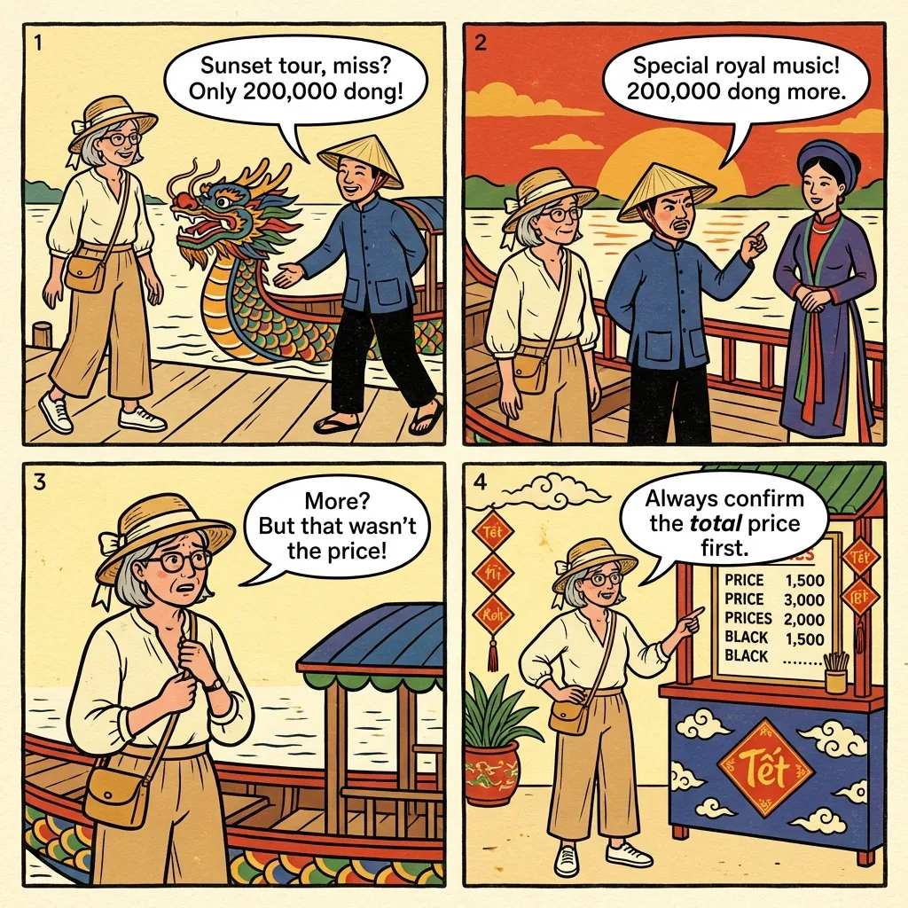 Perfume River Dragon Boat Tour Pressure — comic illustration