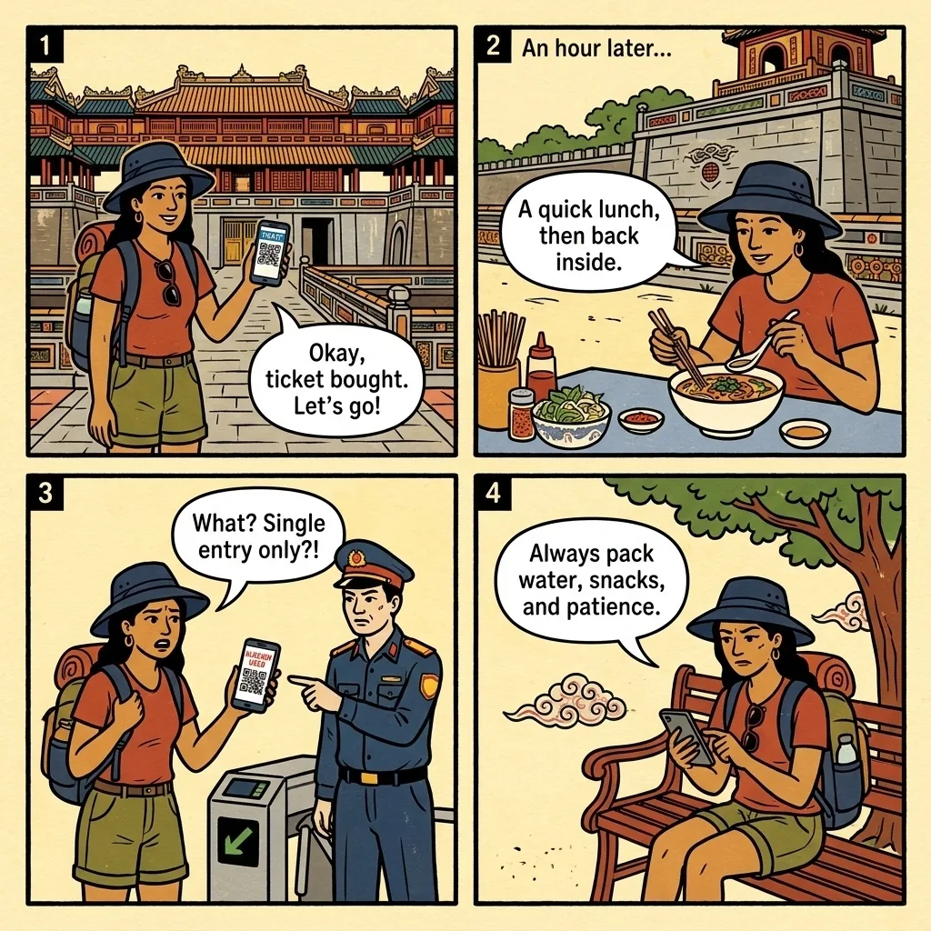 Hue Imperial City Ticket Single-Entry Re-Entry Trap — comic illustration
