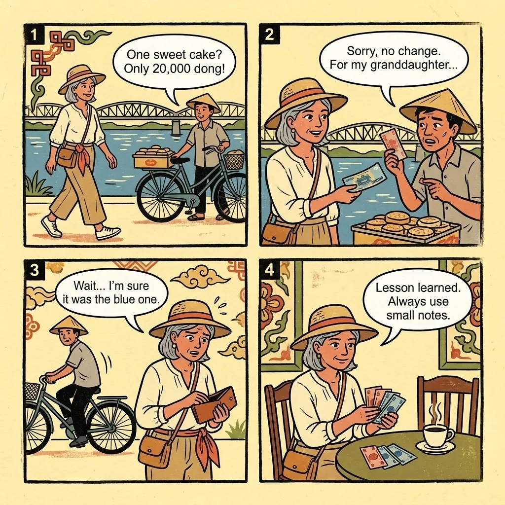 Hue Bicycle Pusher & 'Granddaughter' Guilt Scams — comic illustration