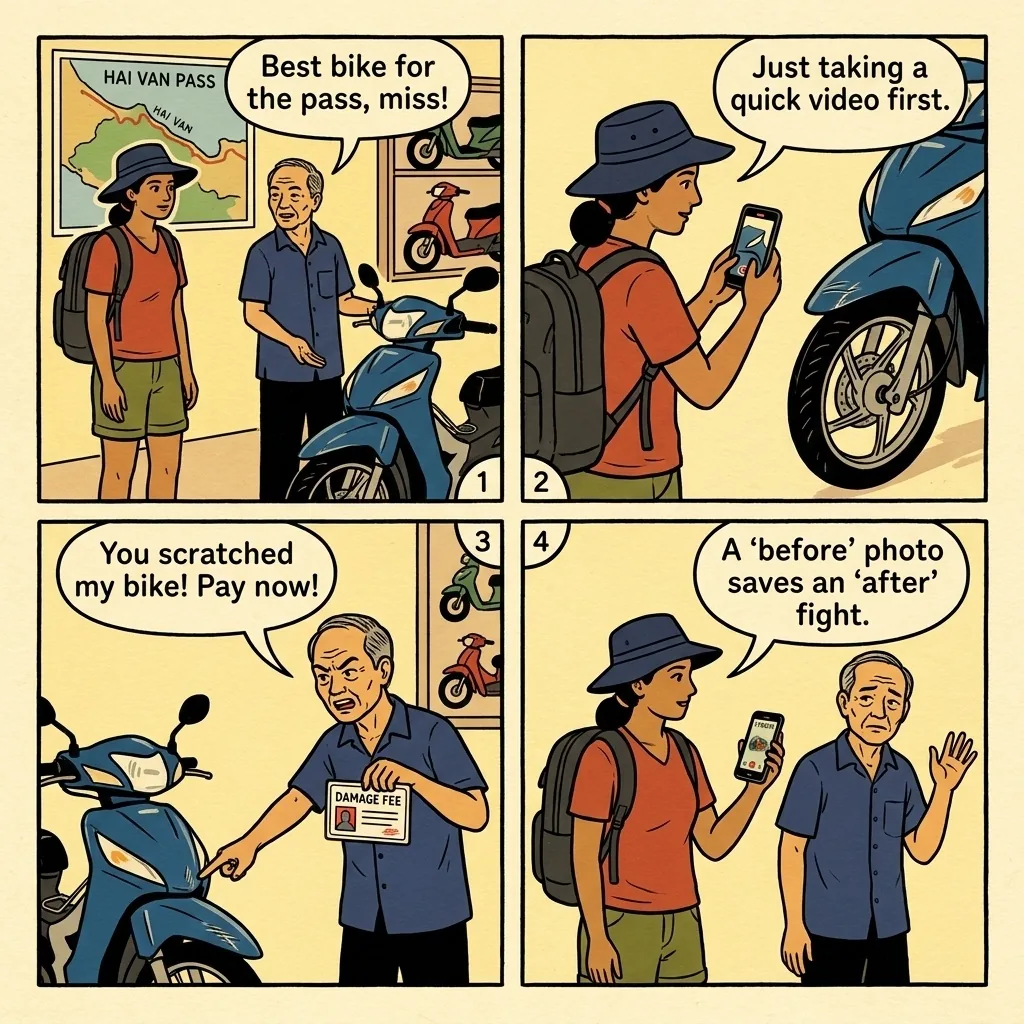 Hue Motorbike Tour Rental Damage & 'Scratched Bike' Scam — comic illustration