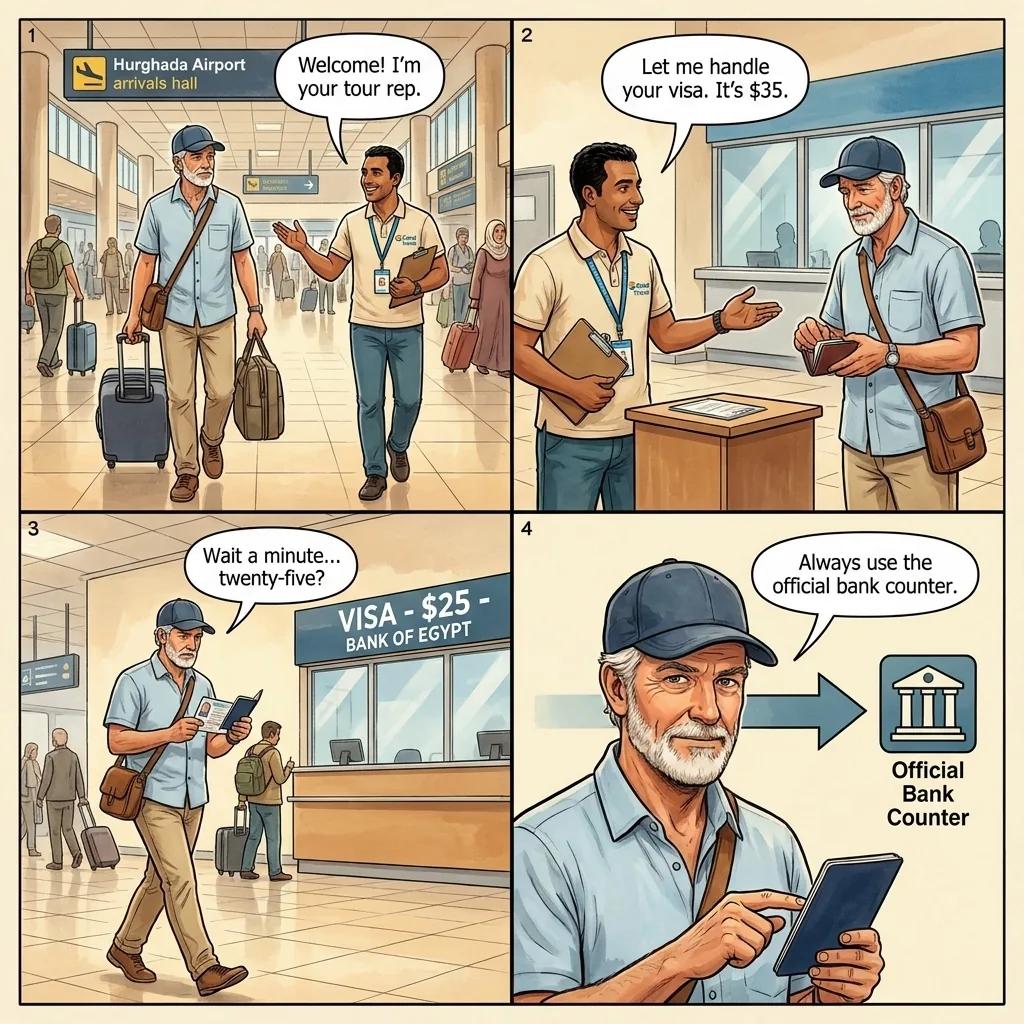 Airport Visa Counter Scam — comic illustration