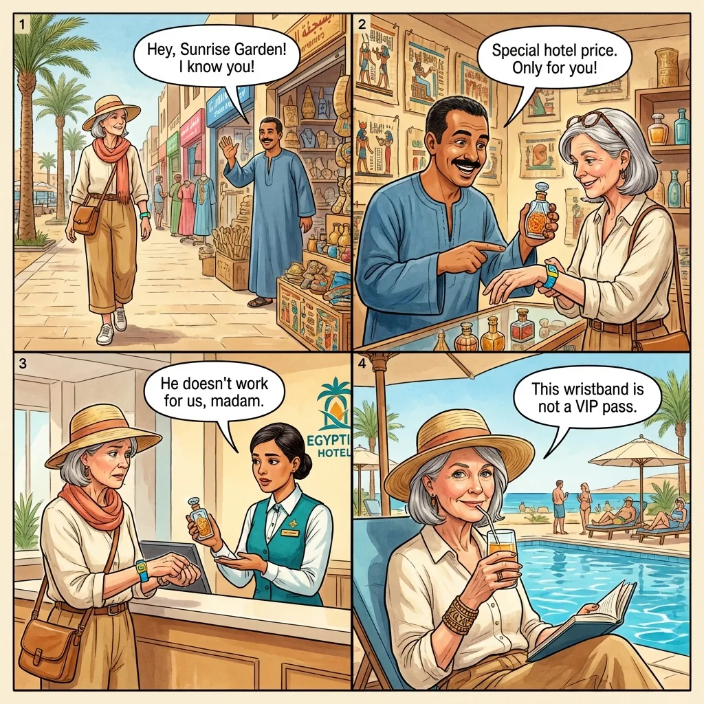 All-Inclusive Wristband Shop Scam — comic illustration