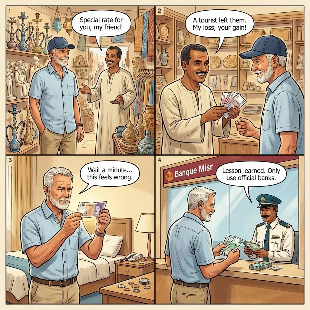 Currency Confusion and Street Exchange — comic illustration