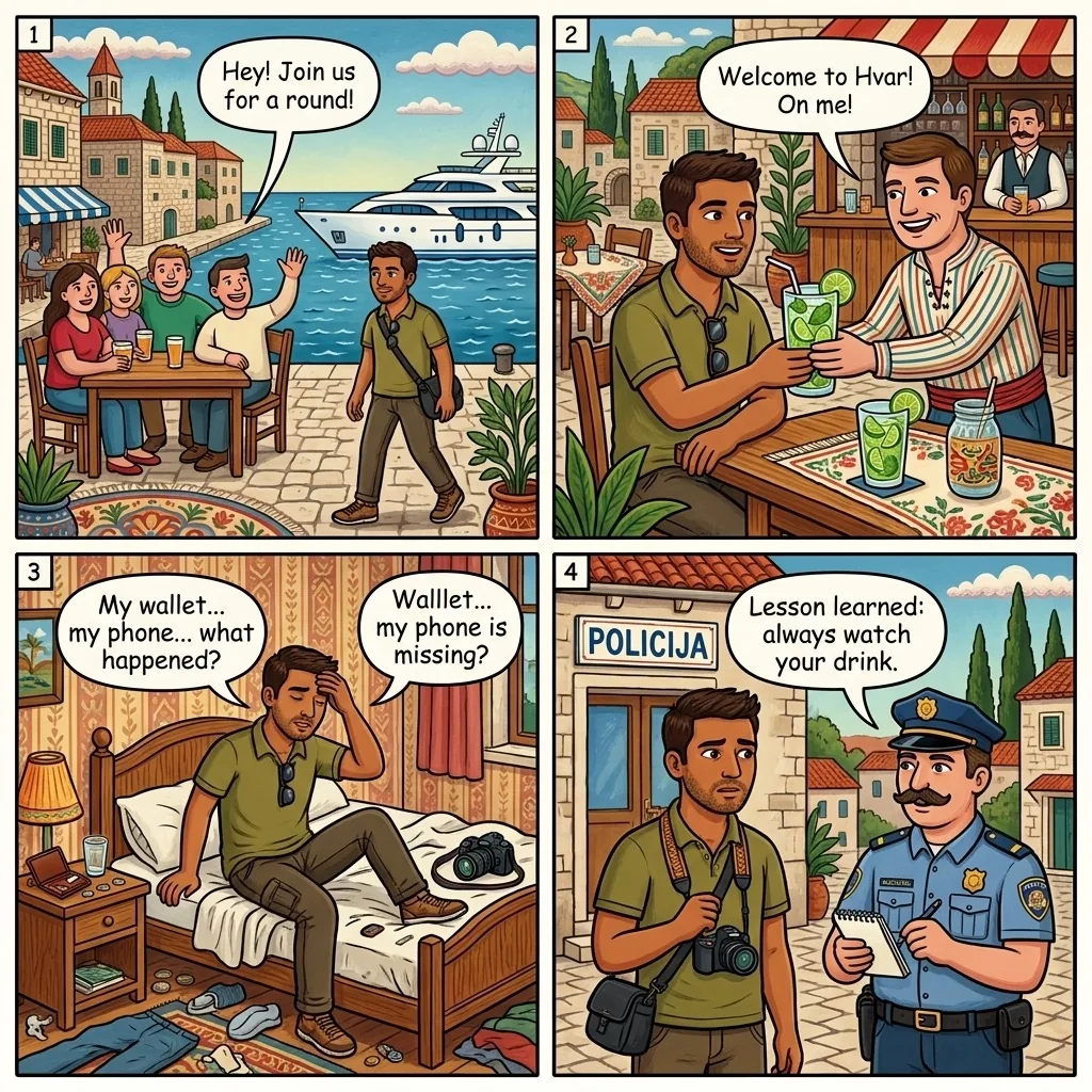 The Hvar Town Nightclub Drink-Spike — comic illustration