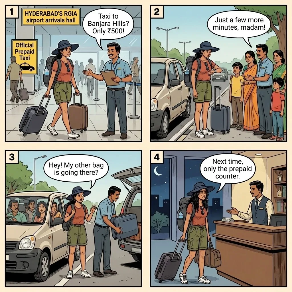 The RGIA Airport Shared-Taxi Hustle — comic illustration