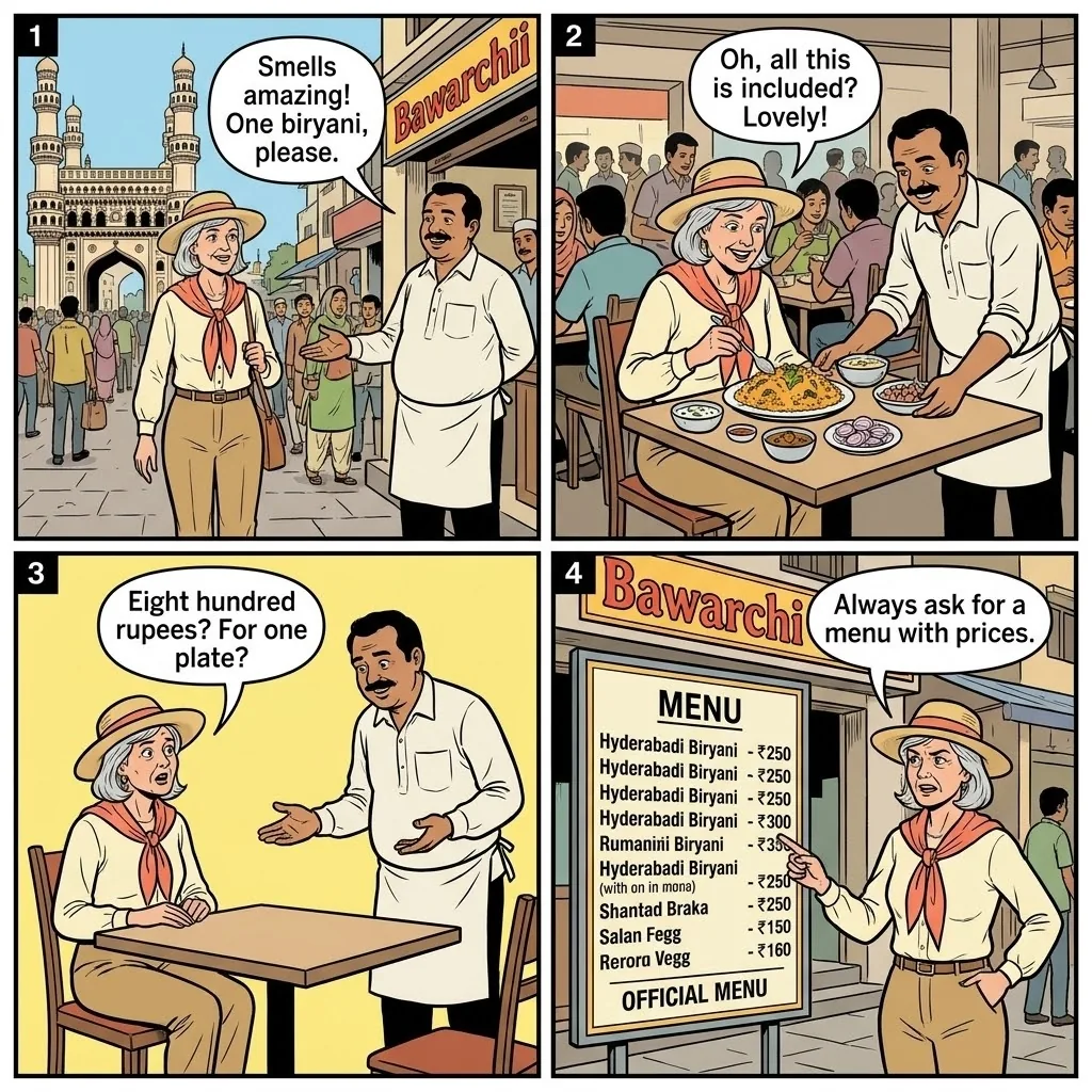 The Charminar Biryani Bait-and-Bill — comic illustration