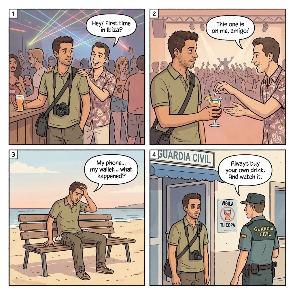 Drink Spiking & Nightlife Theft in Ibiza Clubs — comic illustration