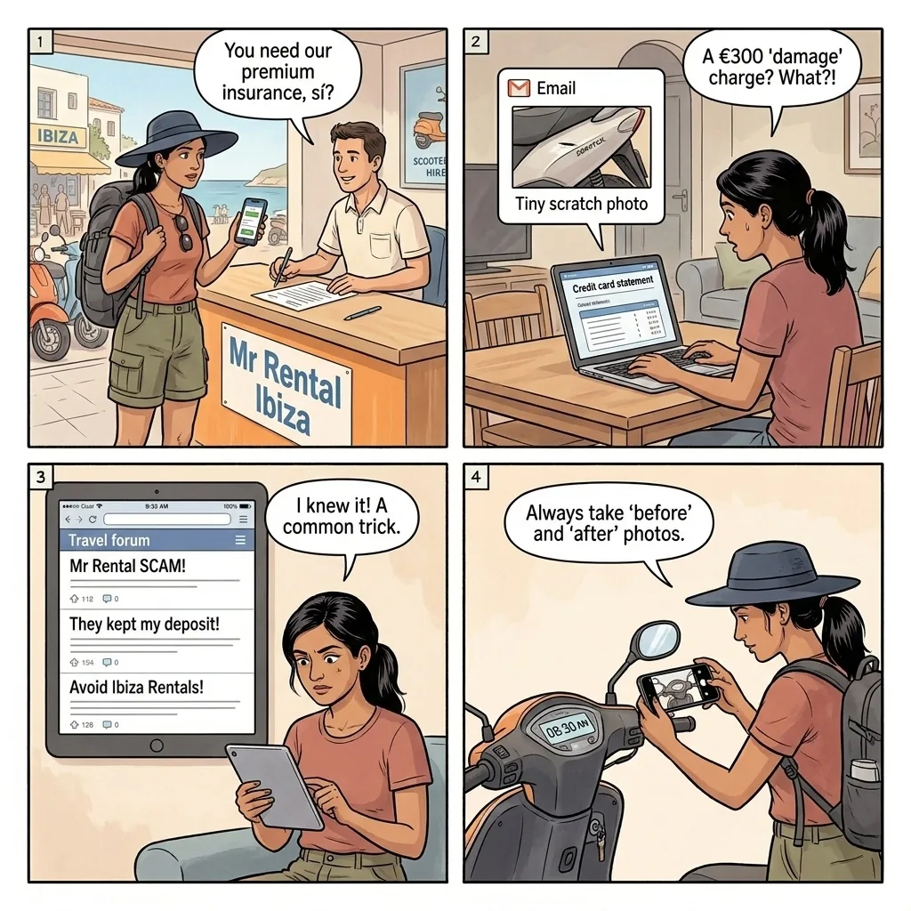 Mr Rental / Scooter & Rental Car Scams — comic illustration