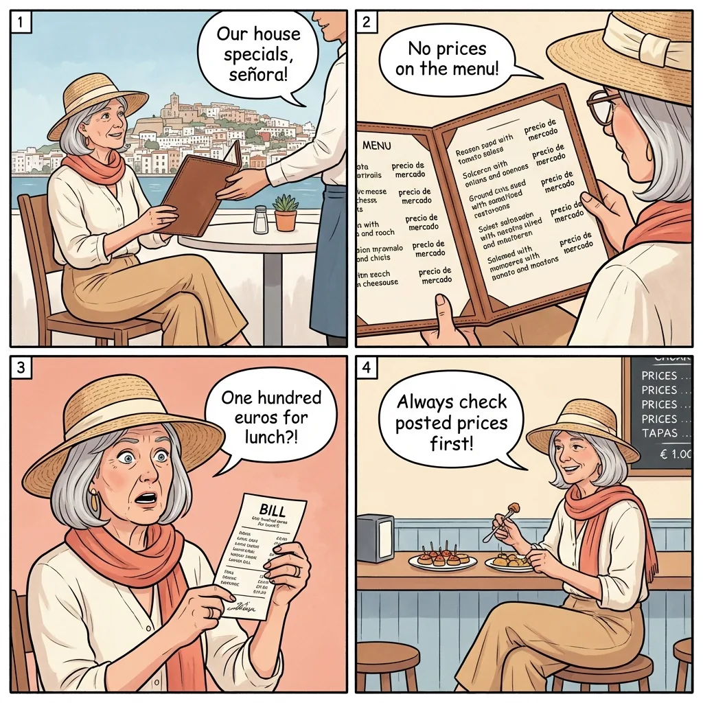 O Beach / Ushuaïa Restaurant Minimum-Spend & Waiter Overcharge — comic illustration