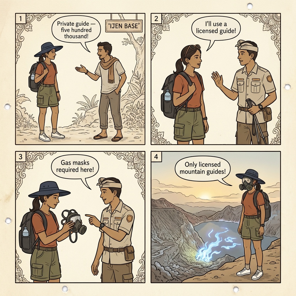 Ijen Crater Mandatory Guide Shakedown at Paltuding Base — comic illustration