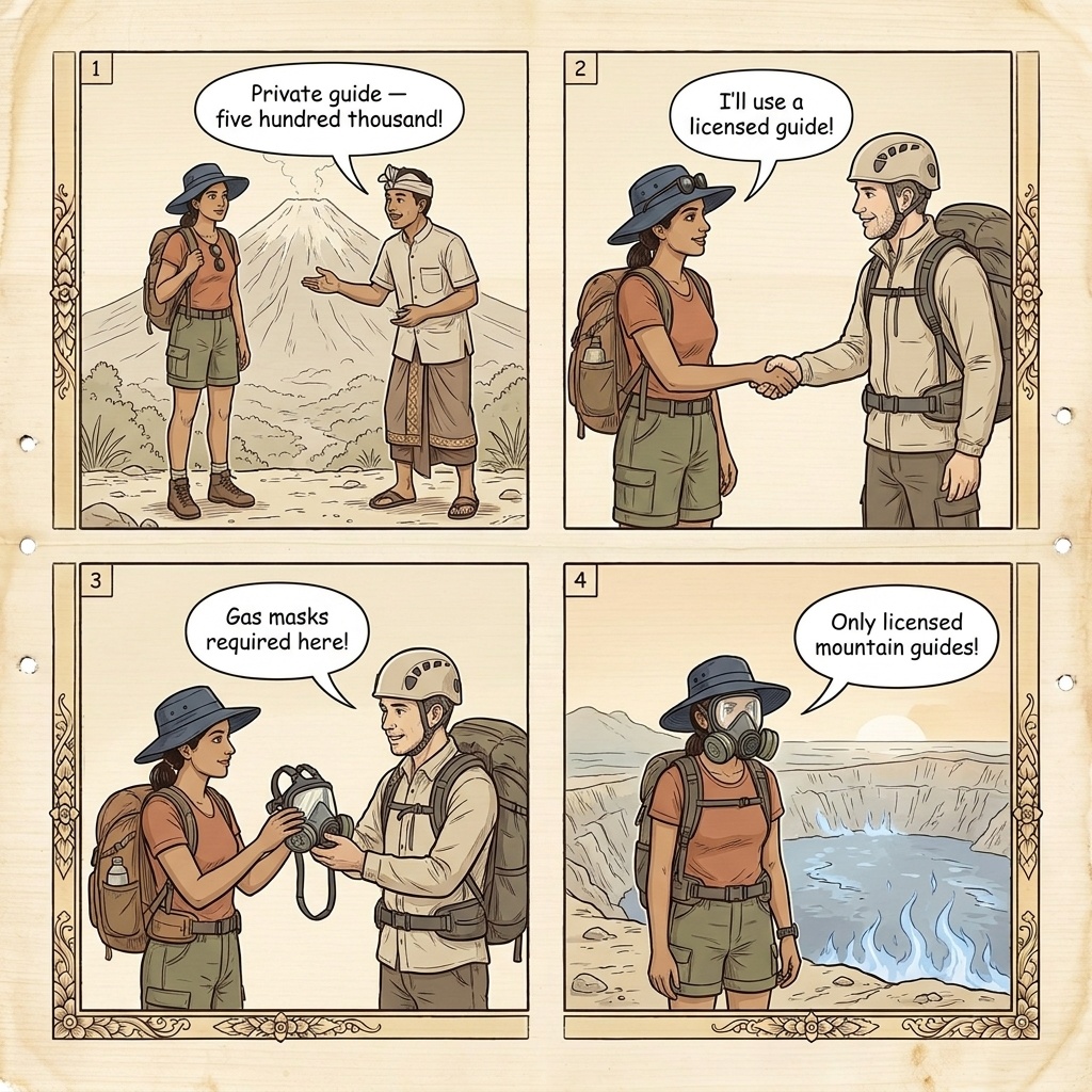 Ijen Gas Mask Rental Overcharge & Fake-Model Fraud — comic illustration