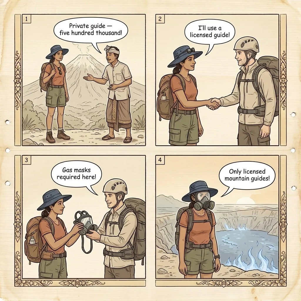 Ijen Gas Mask Rental Overcharge & Fake-Model Fraud — comic illustration
