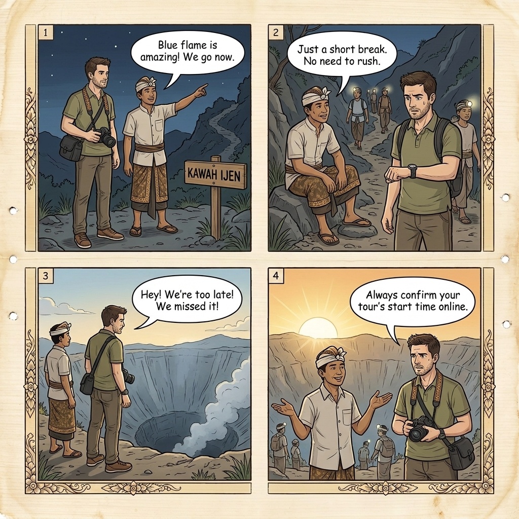 Ijen Blue Flame Timing Scam & Late-Arrival 'Just Missed It' Fraud — comic illustration