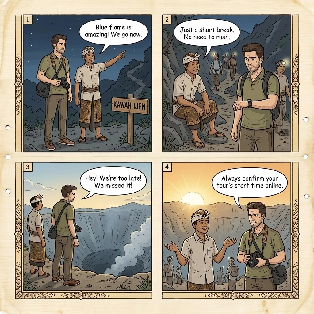 Ijen Blue Flame Timing Scam & Late-Arrival 'Just Missed It' Fraud — comic illustration