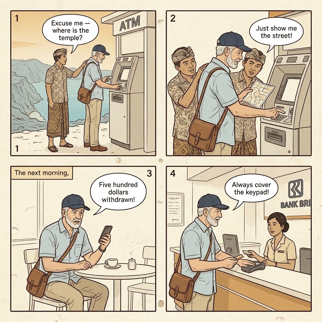 Banyuwangi ATM Skimming & Remote Cash-Exchange Fraud — comic illustration