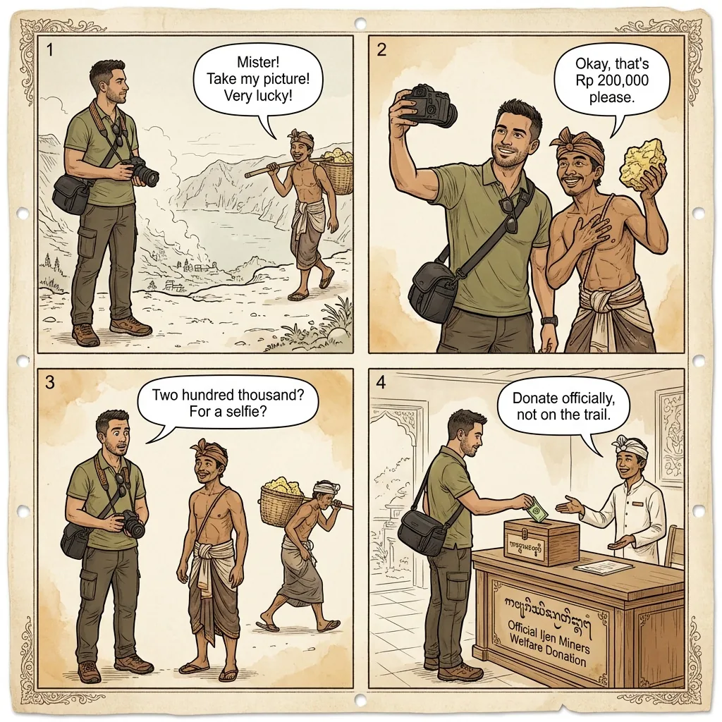 Ijen Sulfur-Miner Photo Forced-Tip & Commission Selfie Scam — comic illustration