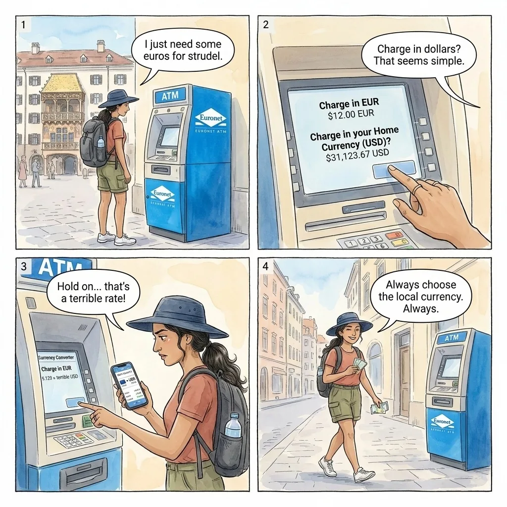 The ATM Currency Conversion Trap — comic illustration