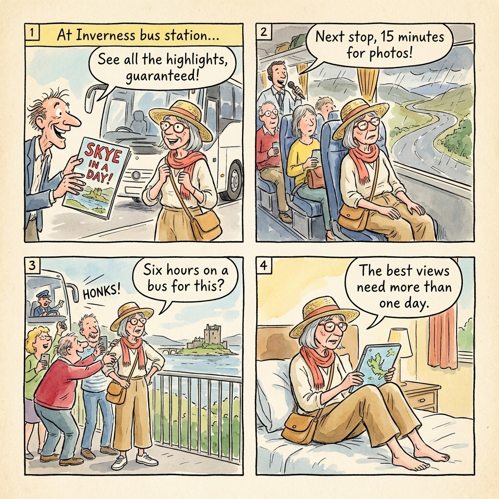 Inverness 1-Day Isle of Skye Rushed Bus-Tour Trap — comic illustration