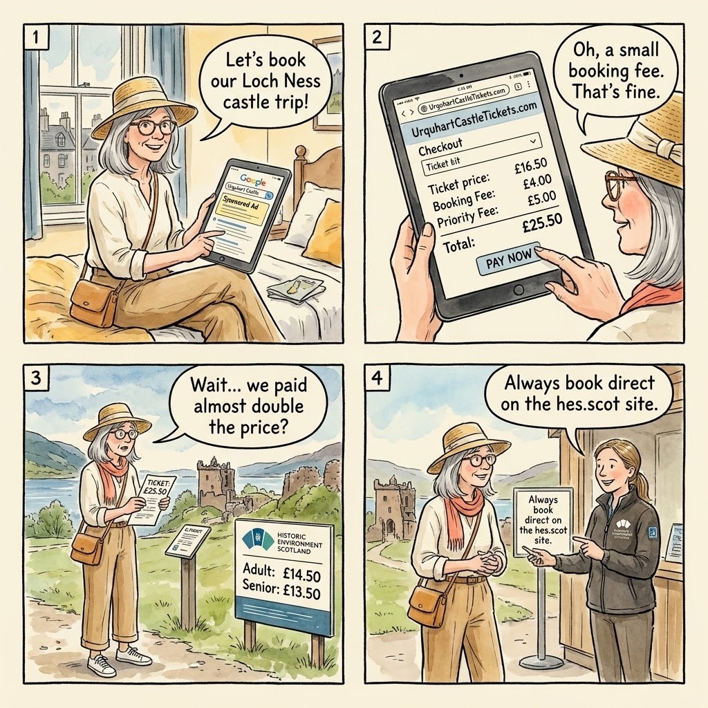 Urquhart Castle Ticket Reseller Markup & Coach-Only 'Castle Tour' — comic illustration