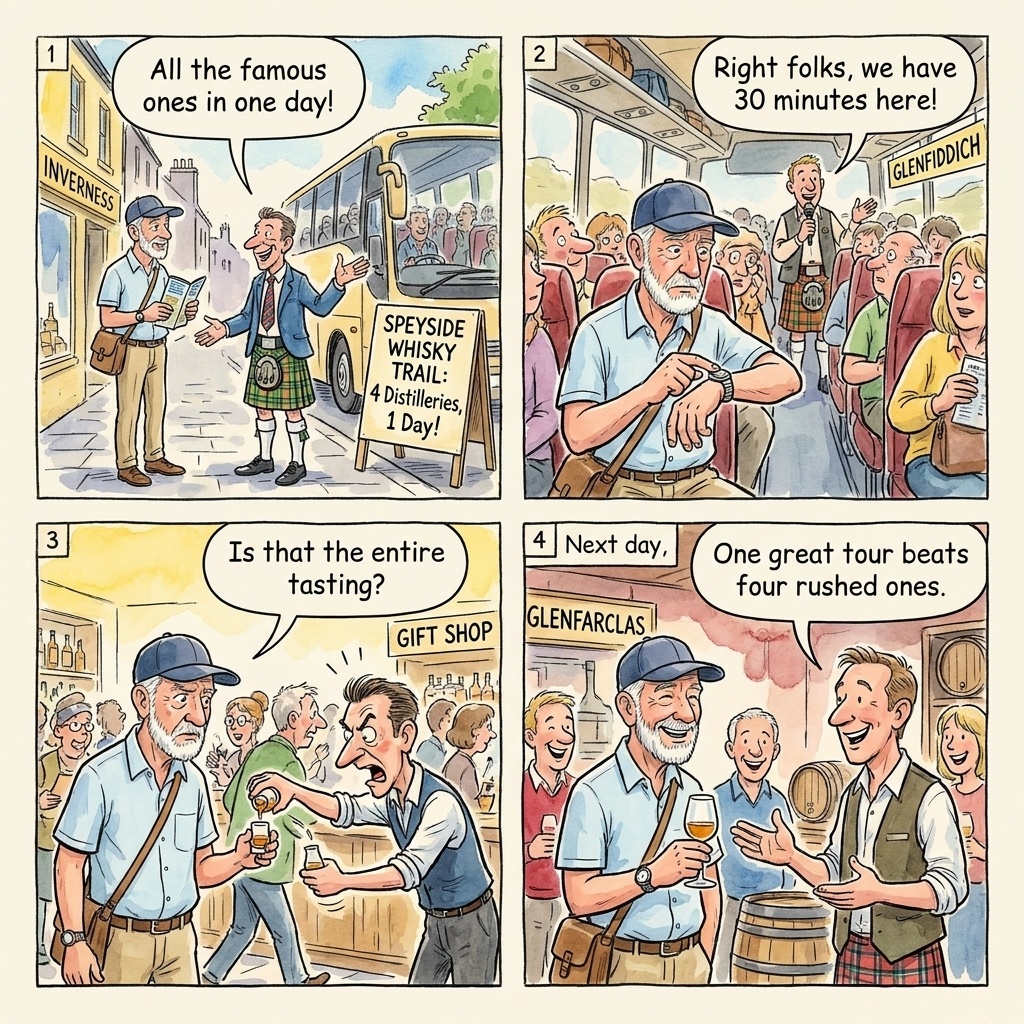 Highland Whisky Distillery Coach-Tour Bundle vs Single-Distillery Visit — comic illustration
