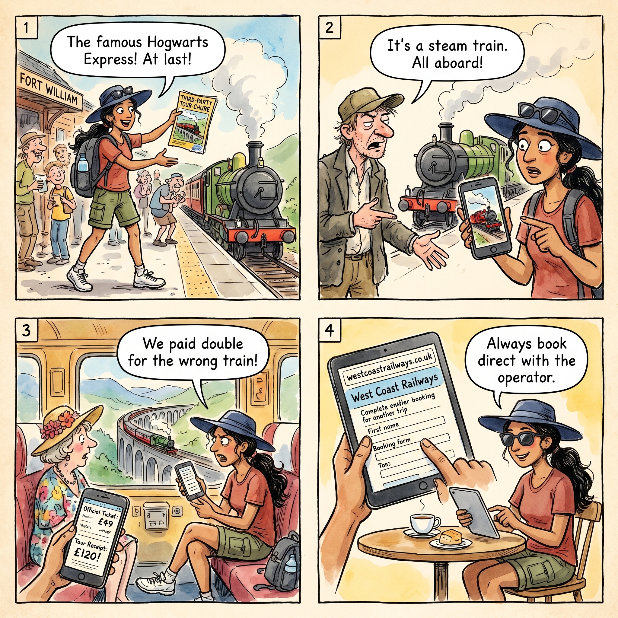 Jacobite Steam Train (Fort William–Mallaig / Hogwarts Express) Reseller & Operator Confusion — comic illustration