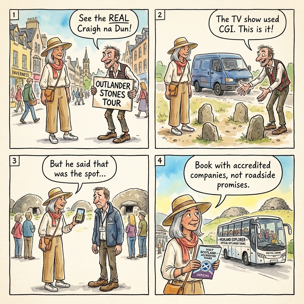 Outlander Filming Location Fake Tours — Unlicensed 'Stone Circle' Guides — comic illustration