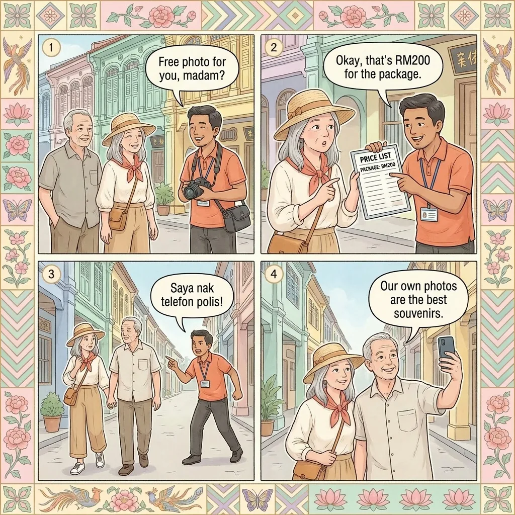 Ipoh Old Town Unlicensed-Photographer & 'RM800 Photo Fee' Pressure — comic illustration