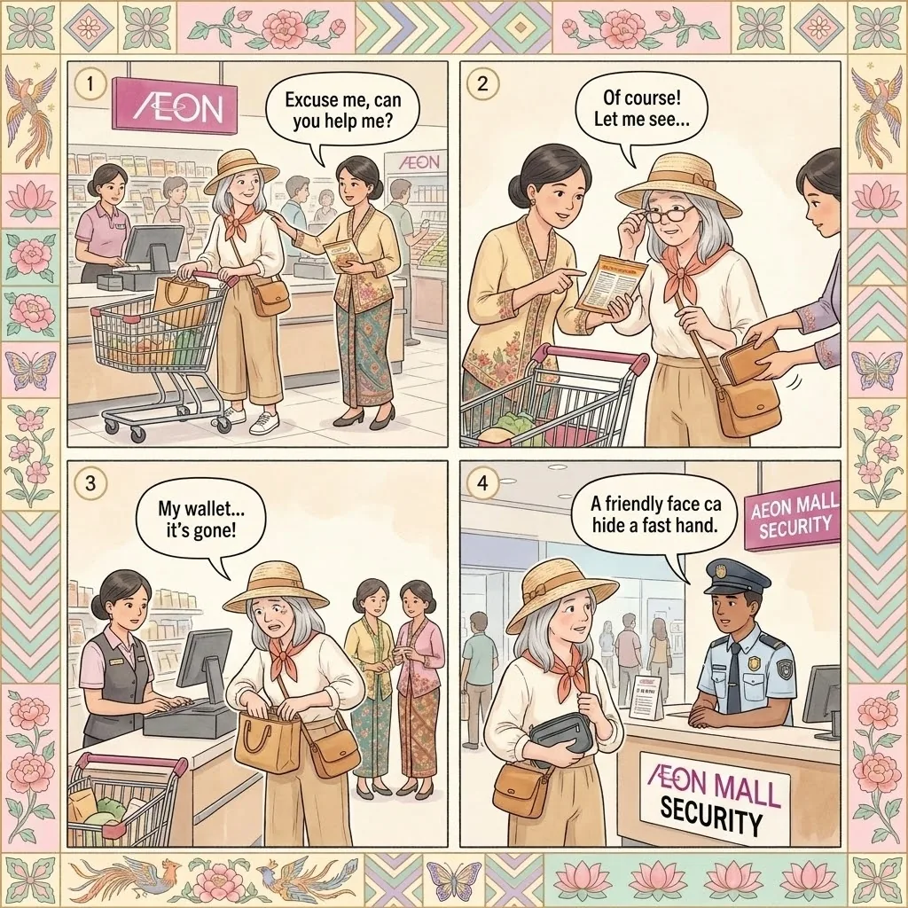 AEON Ipoh Station 18 Mall Distraction-Theft (PRC-Linked Ring) — comic illustration