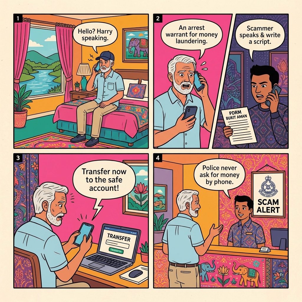 Ipoh 'Macau Scam' Fake-PDRM Phone Impersonation & Bank-Transfer Extortion — comic illustration
