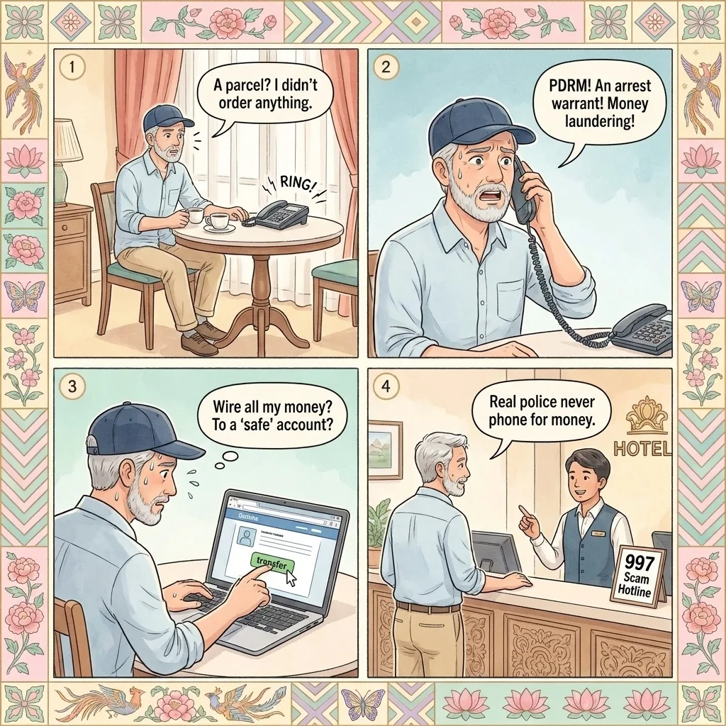 Ipoh 'Macau Scam' Fake-PDRM Phone Impersonation & Bank-Transfer Extortion — comic illustration