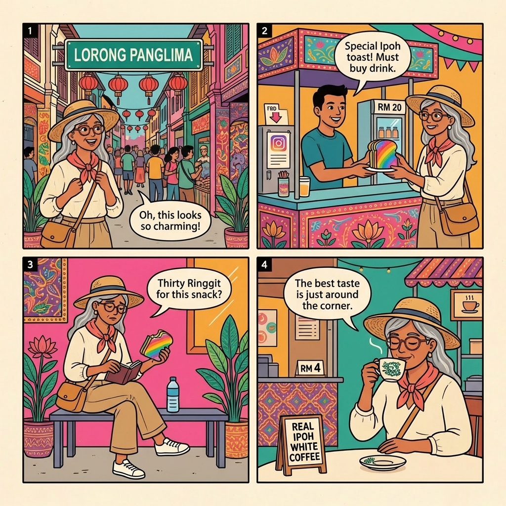 Concubine Lane (Lorong Panglima) Tourist-Trap Overcharge & Instagram-Trap Vendors — comic illustration