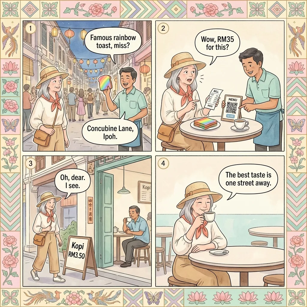 Concubine Lane (Lorong Panglima) Tourist-Trap Overcharge & Instagram-Trap Vendors — comic illustration
