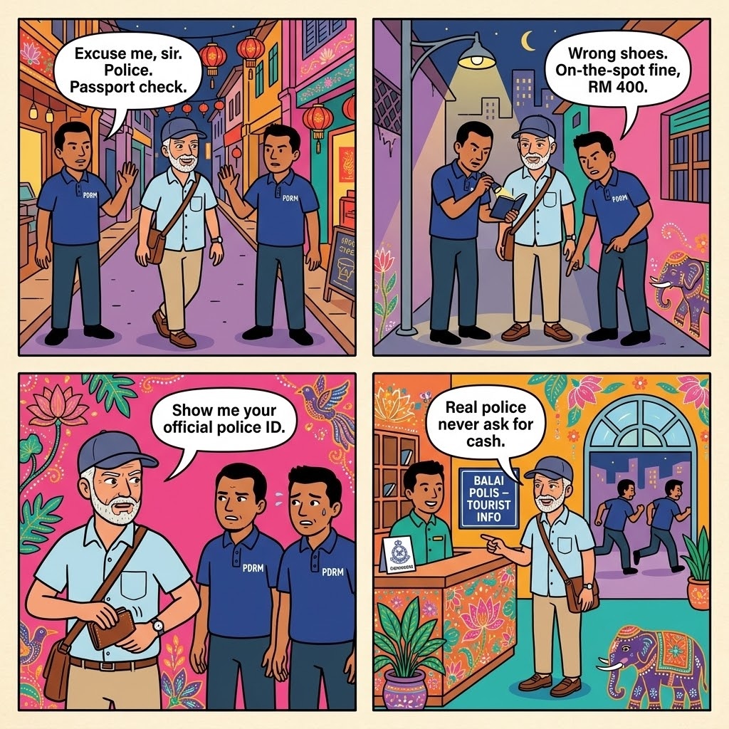 Fake Traffic-Police Document-Check & Cash Shakedown in Ipoh — comic illustration