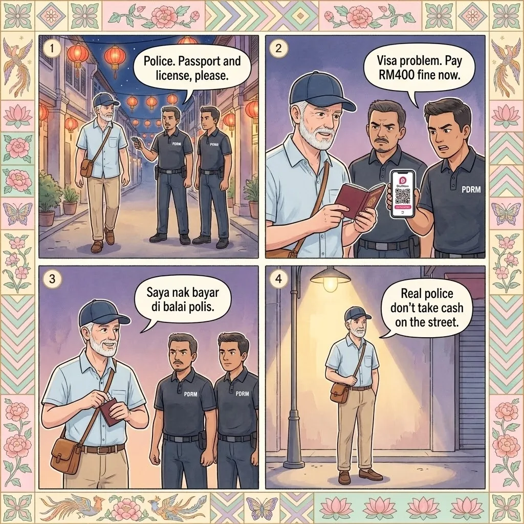 Fake Traffic-Police Document-Check & Cash Shakedown in Ipoh — comic illustration