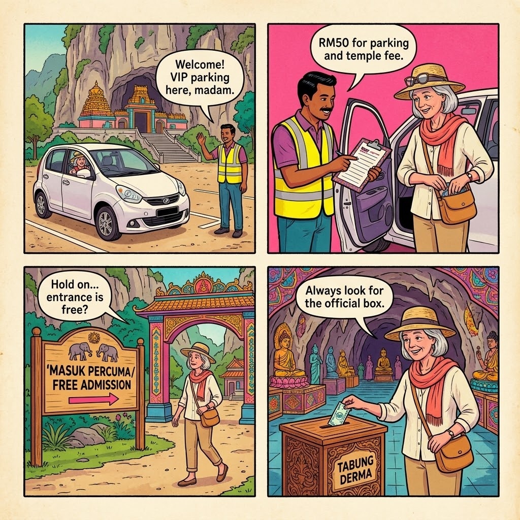 Cave Temple & Gua Tempurung 'Guide / Parking / Donation' Tout Overcharge — comic illustration