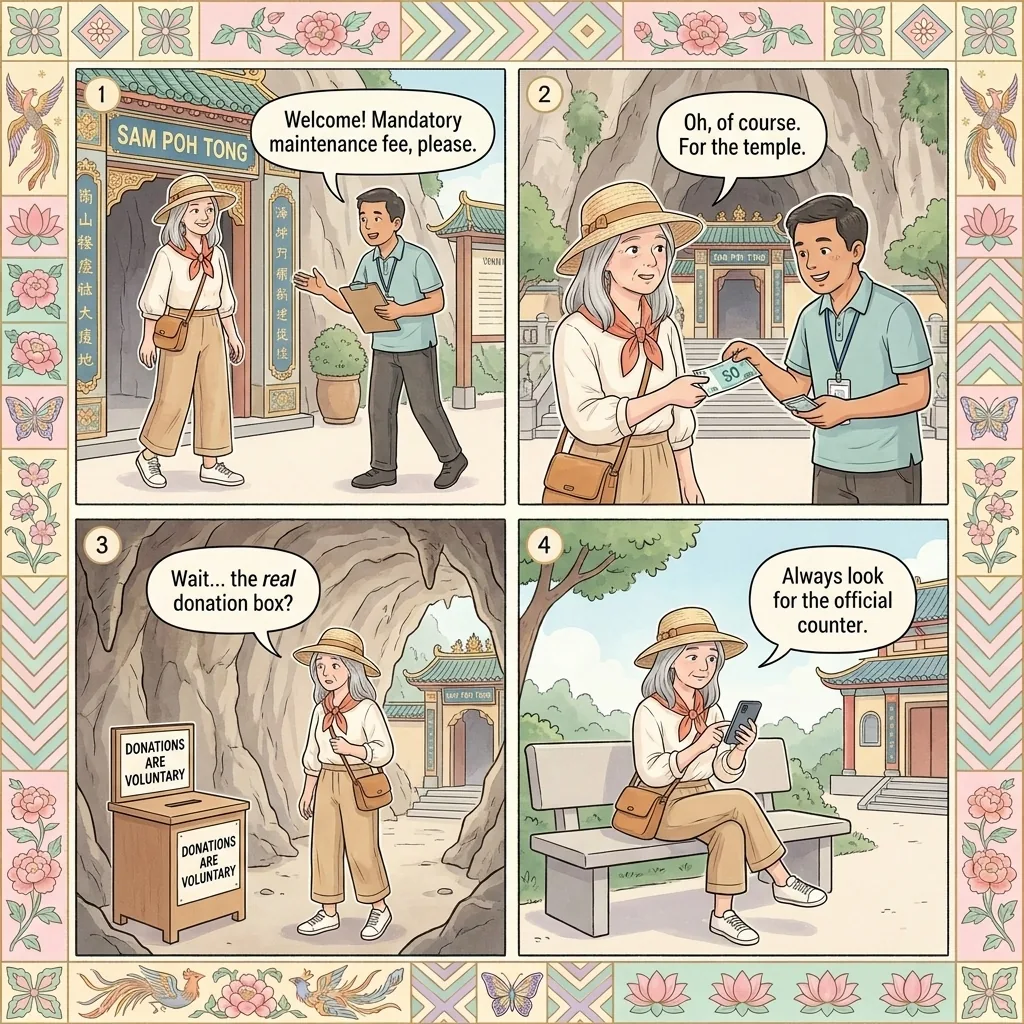 Cave Temple & Gua Tempurung 'Guide / Parking / Donation' Tout Overcharge — comic illustration