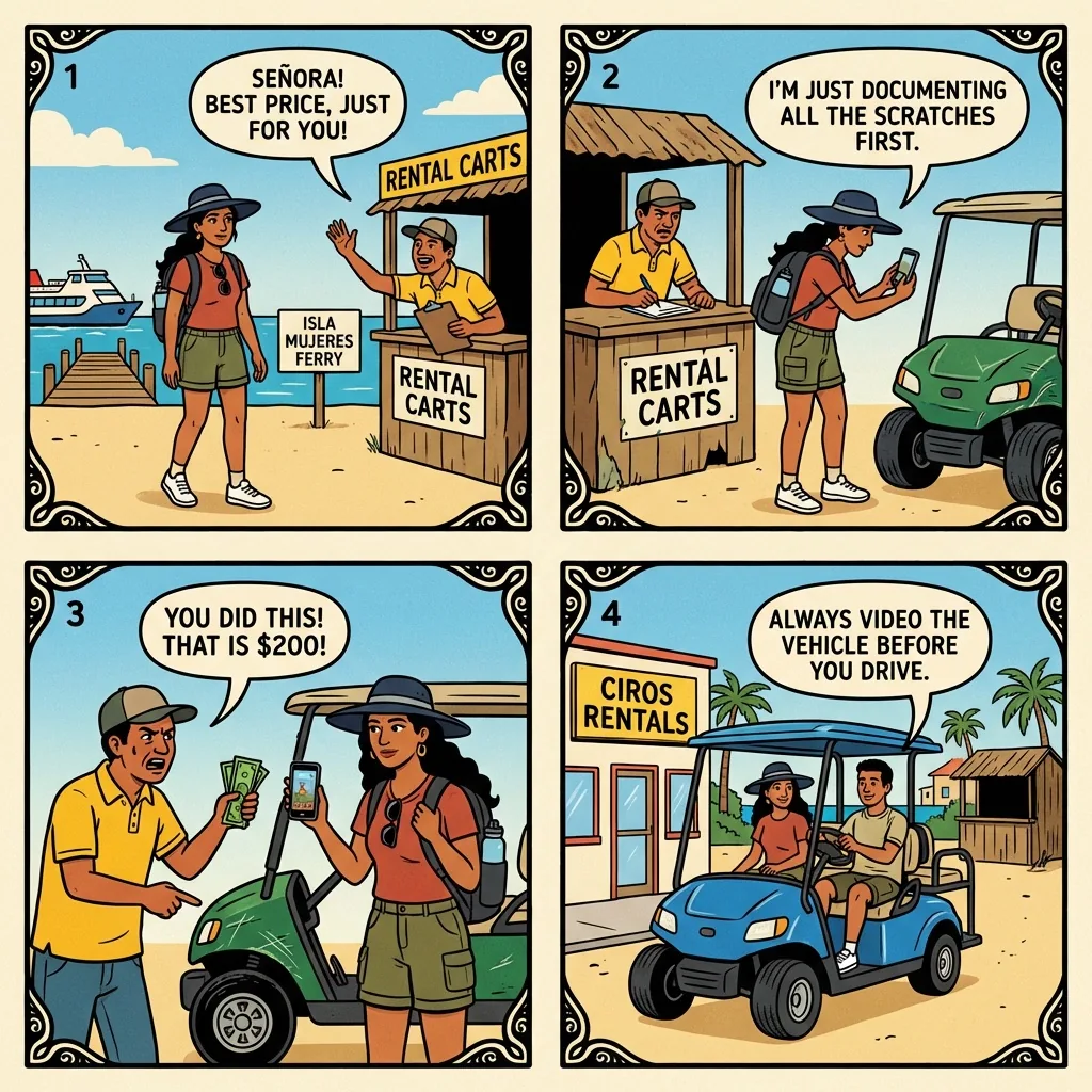 Golf-Cart 'Scratch Claim' Pre-Damage Trap — comic illustration
