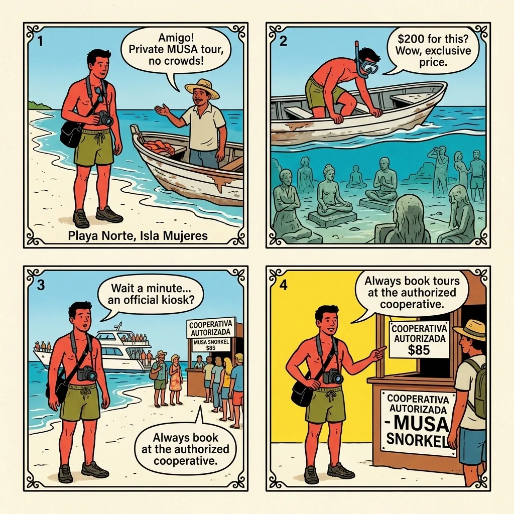 MUSA Unlicensed-Boat Snorkel Scam — comic illustration