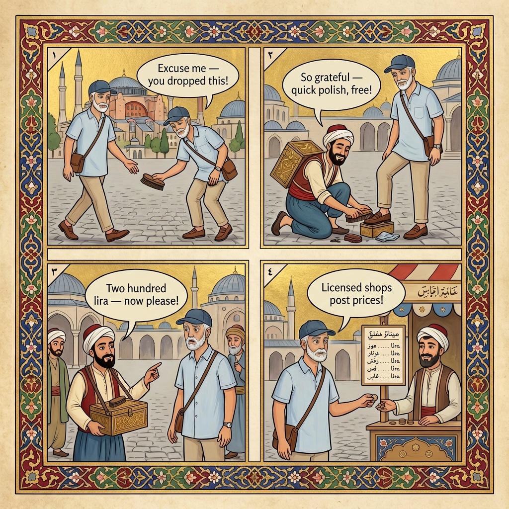 Istanbul Hagia Sophia fake skip-the-line ticket comic, tourist in Sultanahmet square approached by a man with a laminated guide badge