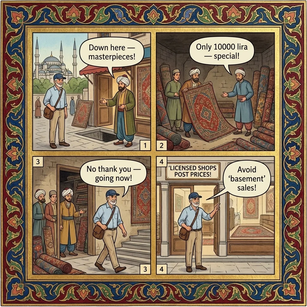 The Blue Mosque Carpet Pitch — comic illustration