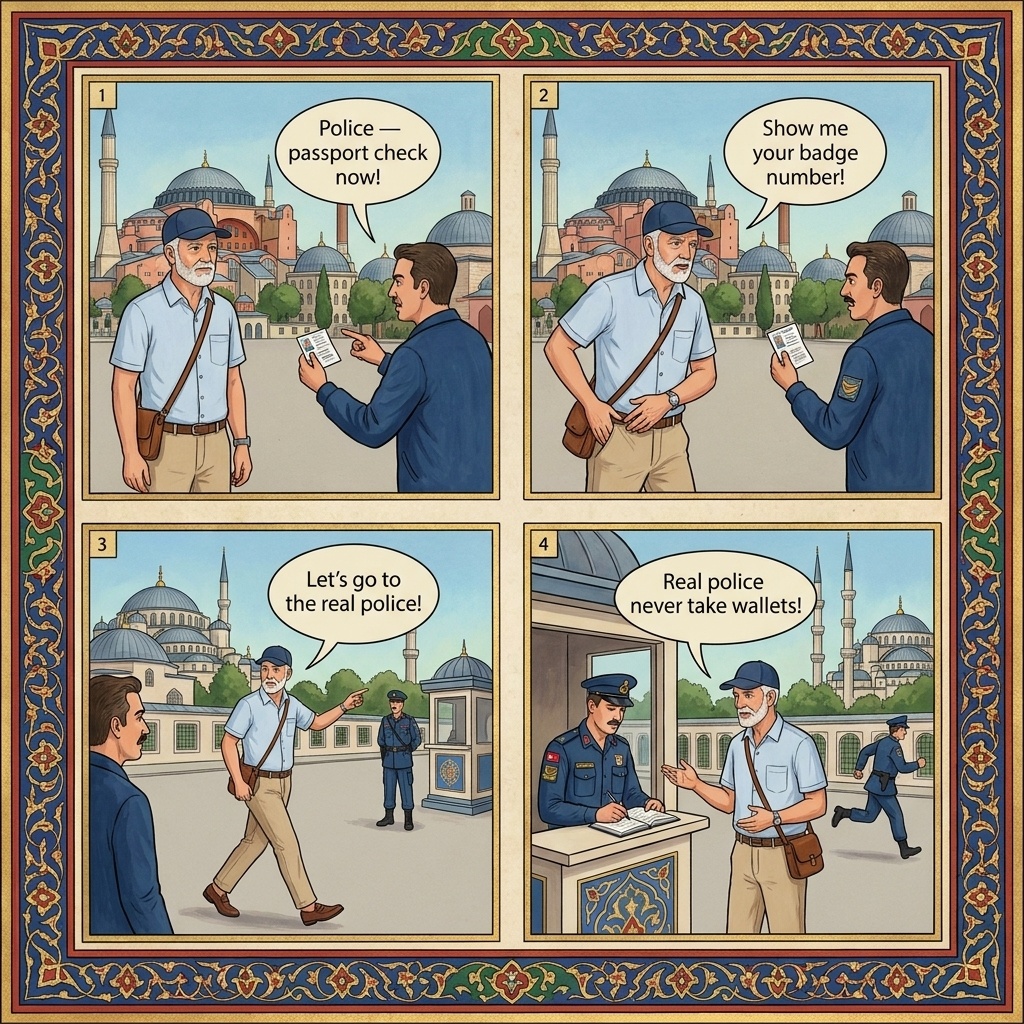 Istanbul Sultanahmet fake police ID check comic, plainclothes operator examining a tourist passport on a side street near the Blue Mosque